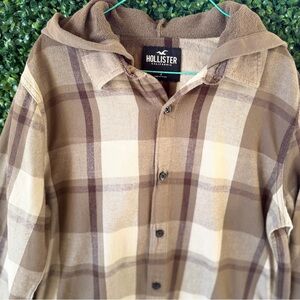 Hollister Brown & Cream Plaid Hooded Flannel Shirt